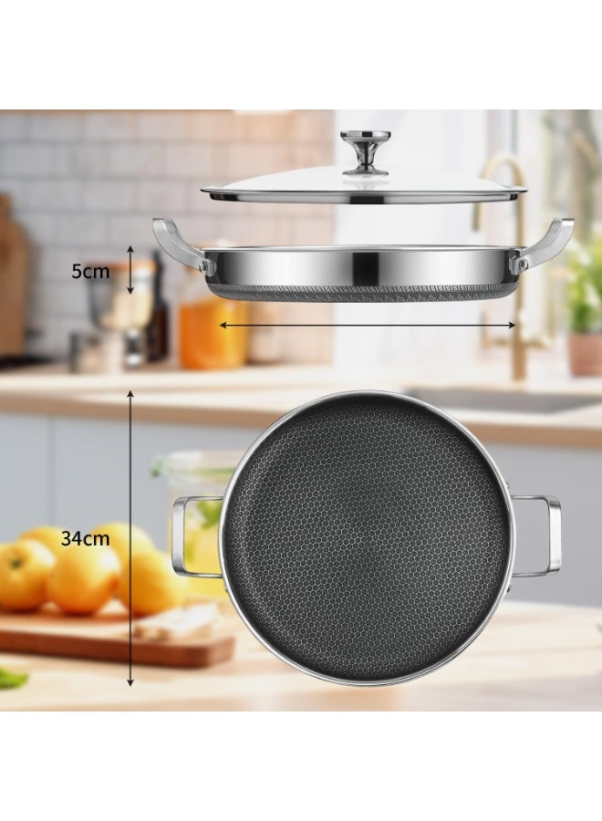 Arabest Stainless Steel Paella Pan, 34CM Paella Pan with Lid, Tri-Ply Nonstick Large Honeycomb Skillet, Stainless Steel Cookware, Induction Pan, Skillets for Outdoors, Camping, Parties, Cooking Pot - Image 2